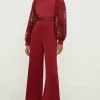 Hot Oasis Petite Lace Detail Wide Leg Jumpsuit Wine