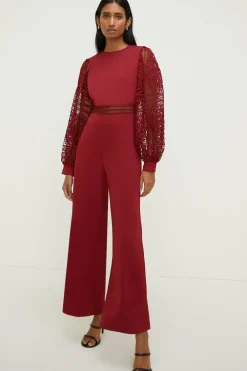 Hot Oasis Petite Lace Detail Wide Leg Jumpsuit Wine