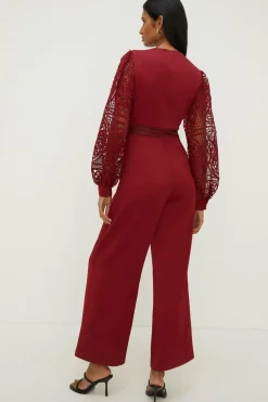 Hot Oasis Petite Lace Detail Wide Leg Jumpsuit Wine