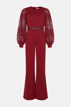 Hot Oasis Petite Lace Detail Wide Leg Jumpsuit Wine