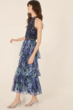 Best Oasis Petite Lace Halter Floral Tiered Midi Dress Navy