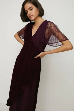 Hot Oasis Petite Lace Mix Velvet Wrap Midi Dress Wine