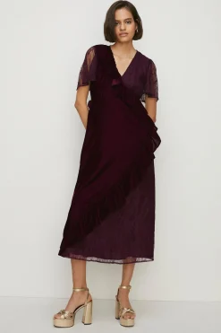 Hot Oasis Petite Lace Mix Velvet Wrap Midi Dress Wine