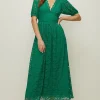 Hot Oasis Petite Lace Puff Sleeve V Neck Midaxi Dress Green