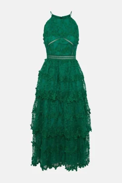Clearance Oasis Petite Lace Tiered Halter Neck Midi Dress Bright Green