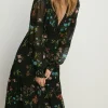 Outlet Oasis Petite Lace Trim Dobby Chiffon Floral Print Midi Dress Black