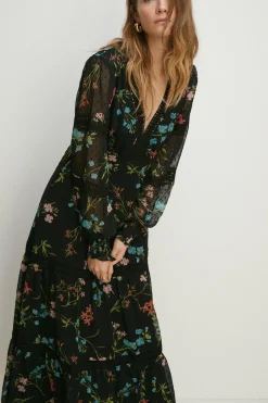 Outlet Oasis Petite Lace Trim Dobby Chiffon Floral Print Midi Dress Black