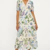 Online Oasis Petite Lace Trim Dobby Chiffon Floral Print Midi Dress Ivory