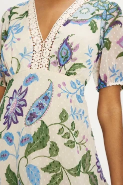 Online Oasis Petite Lace Trim Dobby Chiffon Floral Print Midi Dress Ivory
