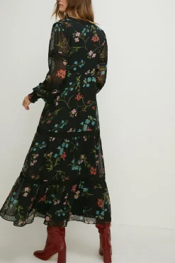 Outlet Oasis Petite Lace Trim Dobby Chiffon Floral Print Midi Dress Black