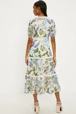 Online Oasis Petite Lace Trim Dobby Chiffon Floral Print Midi Dress Ivory