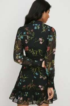 Clearance Oasis Petite Lace Trim Dobby Chiffon Floral Print Skater Dress Black