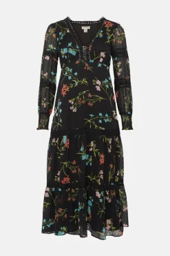 Outlet Oasis Petite Lace Trim Dobby Chiffon Floral Print Midi Dress Black