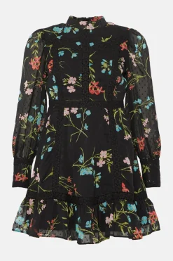 Clearance Oasis Petite Lace Trim Dobby Chiffon Floral Print Skater Dress Black