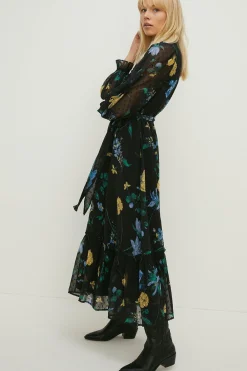 Fashion Oasis Petite Lace Trim Eastern Floral Dobby Chiffon Dress Black