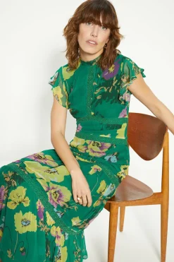 Online Oasis Petite Lace Trim High Neck Chiffon Floral Midi Dress Green
