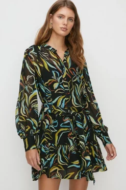 Clearance Oasis Petite Leafy Floral Belted Mini Shirt Dress Multi