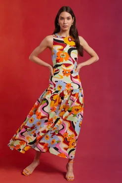 Clearance Oasis Petite Linen Mix Floral Bow Back Halter Midi Dress Multi