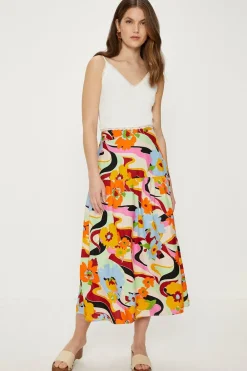 Clearance Oasis Petite Linen Mix Floral Midi Skirt Multi