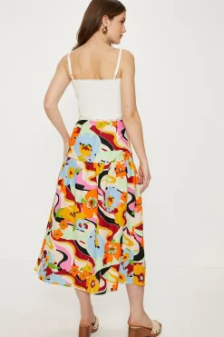 Clearance Oasis Petite Linen Mix Floral Midi Skirt Multi
