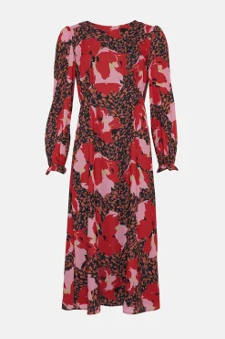 Outlet Oasis Petite Long Sleeve Printed Midi Tea Dress Multi