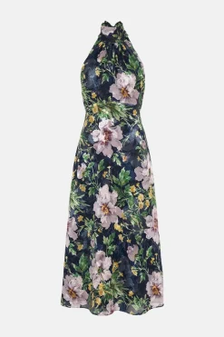 Online Oasis Petite Lyanna Floral Satin Burnout Midi Dress Navy