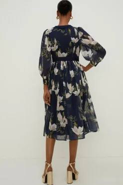 Fashion Oasis Petite Magnolia Floral Dobby Lace V Neck Midi Dress Navy