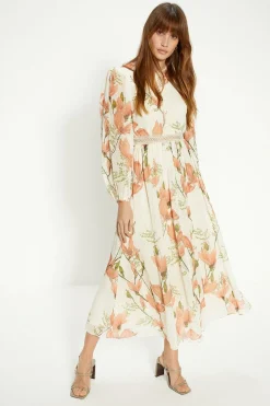 Fashion Oasis Petite Magnolia Floral Lace Balloon Sleeve Midi Dress Ivory