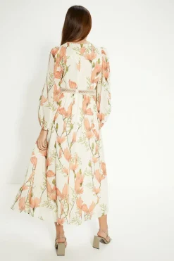 Fashion Oasis Petite Magnolia Floral Lace Balloon Sleeve Midi Dress Ivory