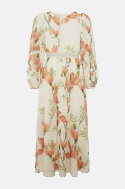 Fashion Oasis Petite Magnolia Floral Lace Balloon Sleeve Midi Dress Ivory