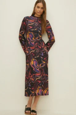 Clearance Oasis Petite Marble Rib Mock Neck Midi Dress Black