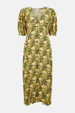 Best Oasis Petite Meadow Floral Puff Sleeve Midi Dress Ochre