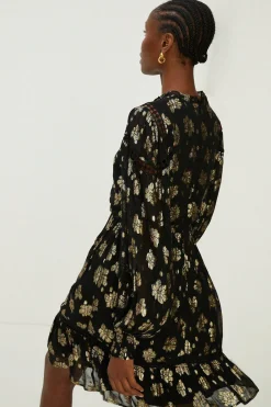 Best Oasis Petite Metallic Floral Jacquard Lace Trim Skater Dress Black