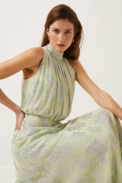 Fashion Oasis Petite Metallic Halter Neck Midi Dress Sage