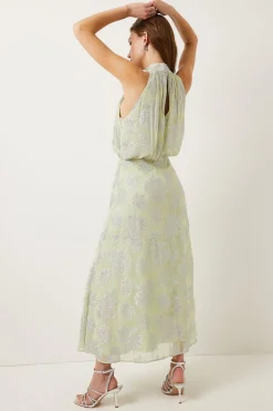 Fashion Oasis Petite Metallic Halter Neck Midi Dress Sage