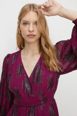 Online Oasis Petite Metallic V Front Midi Dress Berry
