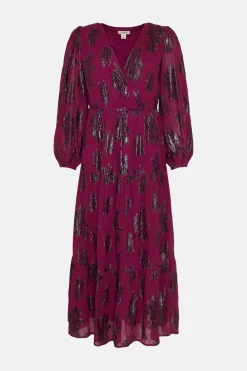 Online Oasis Petite Metallic V Front Midi Dress Berry