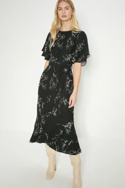 Clearance Oasis Petite Mono Floral Printed Frill Detail Belted Midi Dress Black