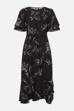 Clearance Oasis Petite Mono Floral Printed Frill Detail Belted Midi Dress Black