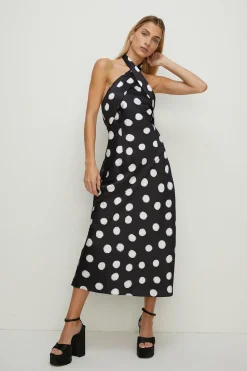 Fashion Oasis Petite Mono Spot Satin Halter Neck Midi Dress Black