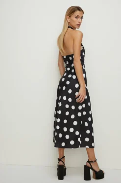 Fashion Oasis Petite Mono Spot Satin Halter Neck Midi Dress Black