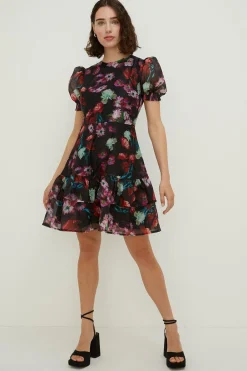 Clearance Oasis Petite Painted Floral Keyhole Organza Dress Black