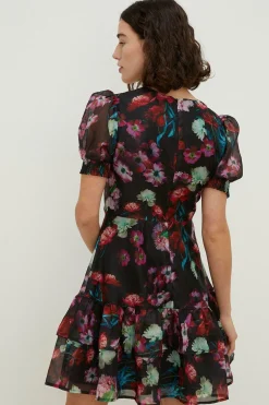 Clearance Oasis Petite Painted Floral Keyhole Organza Dress Black
