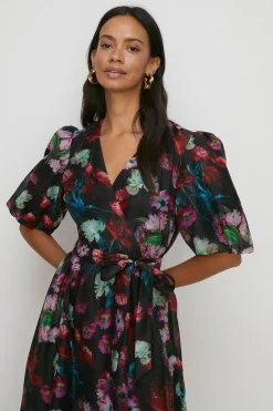 Outlet Oasis Petite Painted Floral Wrap Organza Dress Black