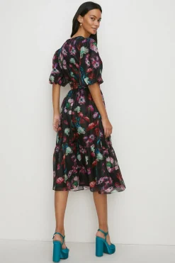 Outlet Oasis Petite Painted Floral Wrap Organza Dress Black