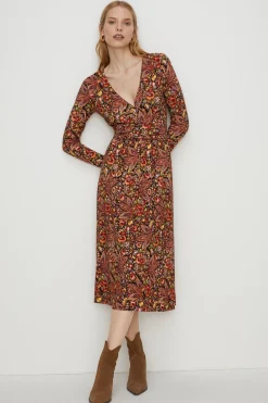 Hot Oasis Petite Paisley Fixed Wrap Midi Dress Red