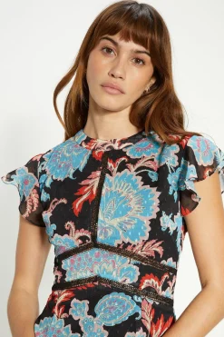 Best Oasis Petite Paisley Floral Tiered Lace Trim Midi Dress Black