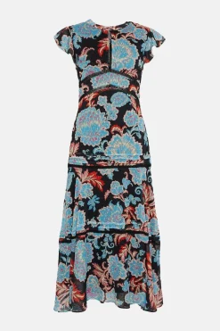 Best Oasis Petite Paisley Floral Tiered Lace Trim Midi Dress Black
