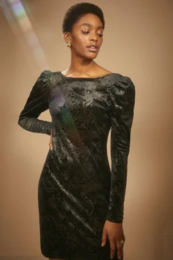 Hot Oasis Petite Paisley Puff Sleeve Velvet Mini Dress Black