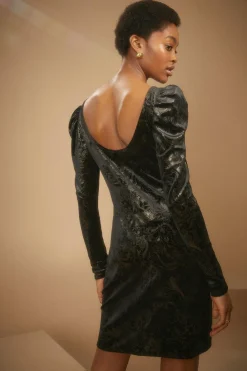 Hot Oasis Petite Paisley Puff Sleeve Velvet Mini Dress Black
